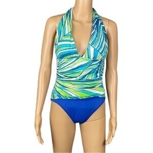 LA BLANCA blue, green and white one-piece halter swimsuit in size 8. EUC